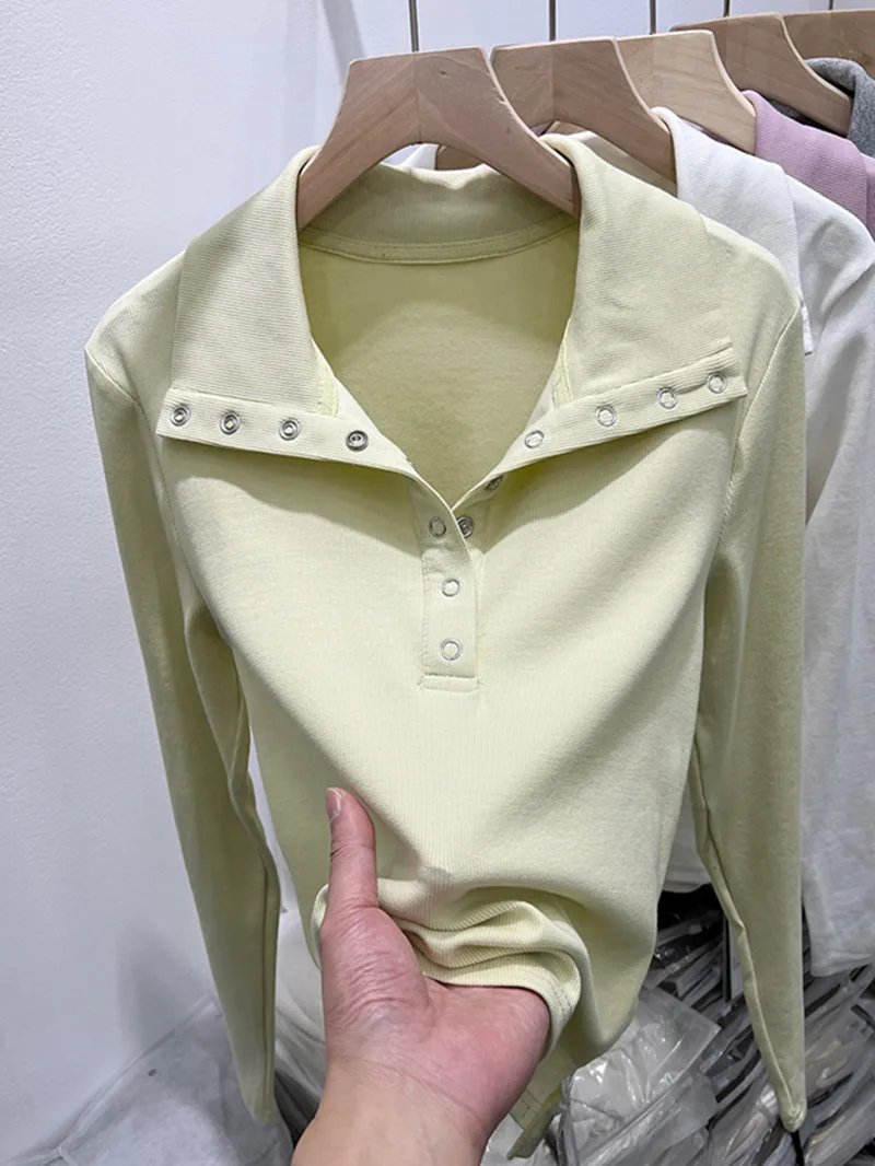 

Женская футболка с длинным рукавом, на пуговицах, с воротником, базовая, свободного кроя, в корейском стиле, с V-образным вырезом, весенняя модная модель