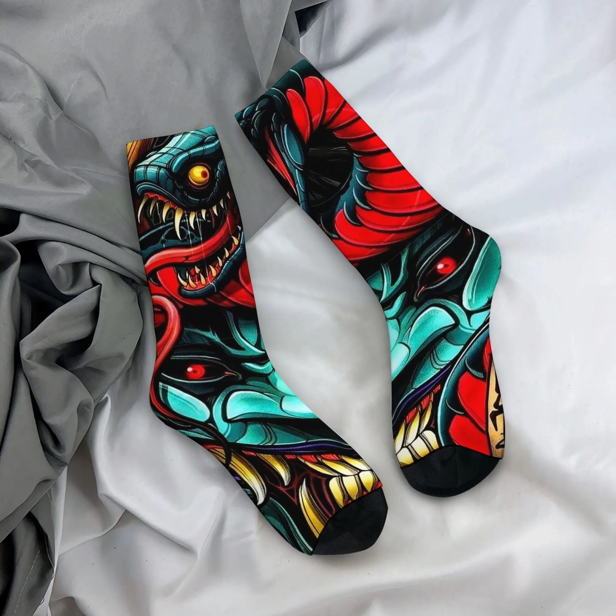 Gotische dunkle Socken im Street-Style, neotraditioneller Tattoo-Schlangen-Monster-Print, mittelhohe Socken, rot, blau, bequeme, atmungsaktive Socken