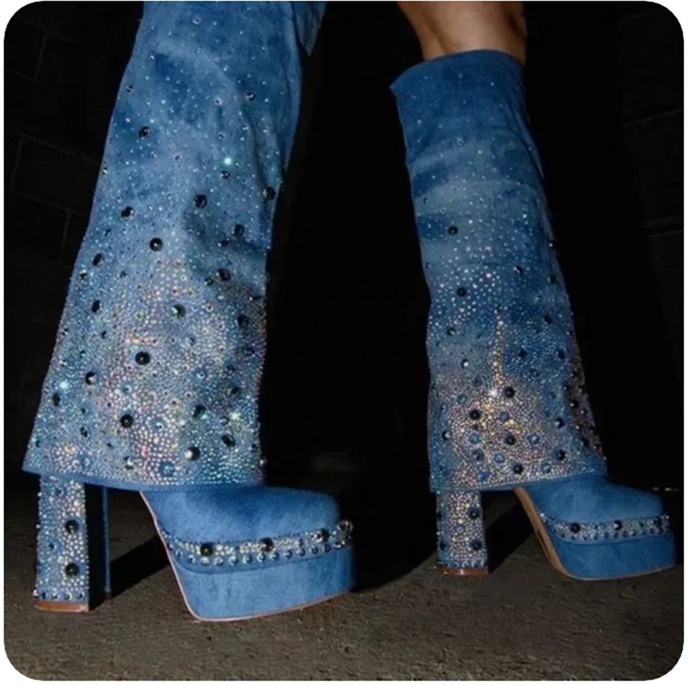

Fashion Blue Suede Knee-High Platform Boots Gradient Crystal Embellishments Chunky Block Heel Custom Cool Lady Boots