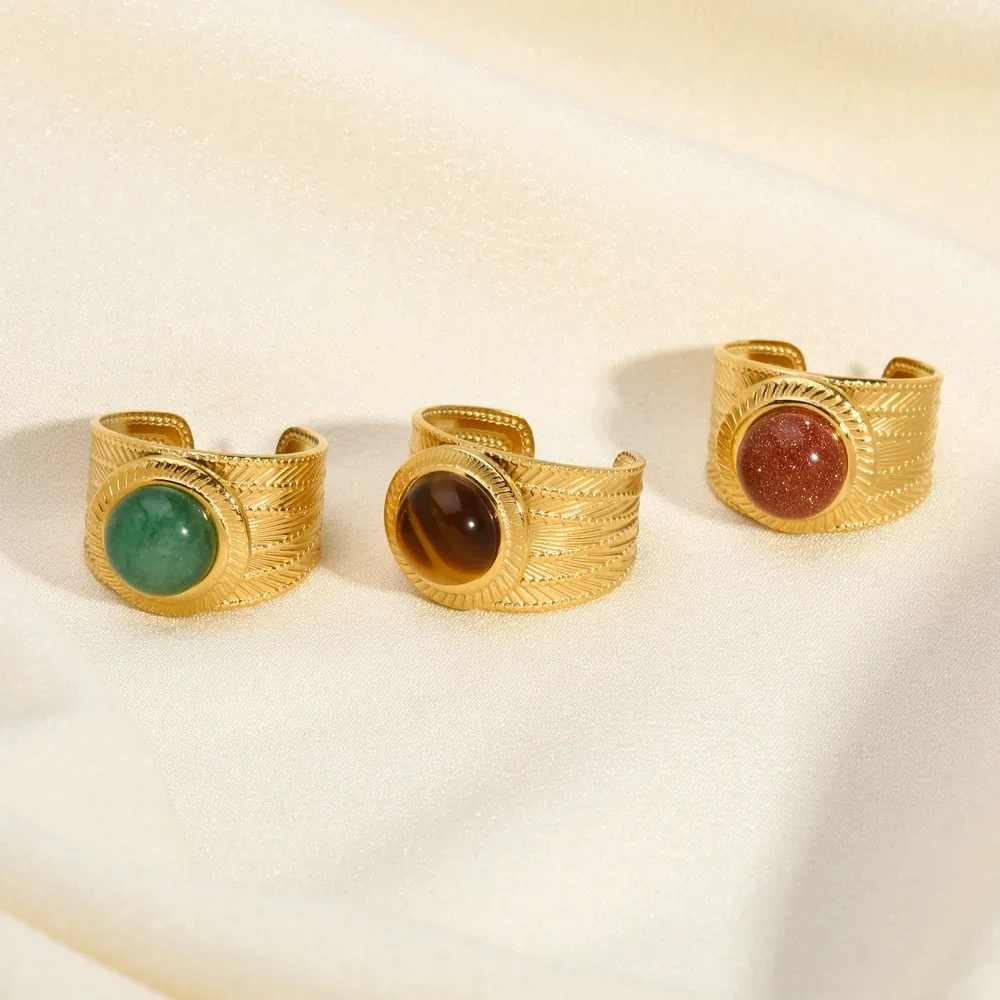 Vintage Natural Stone Turquoise Open Rings 18K Gold Plated Stainless Steel Wide Chunky Finger Ring for Women Jewelry