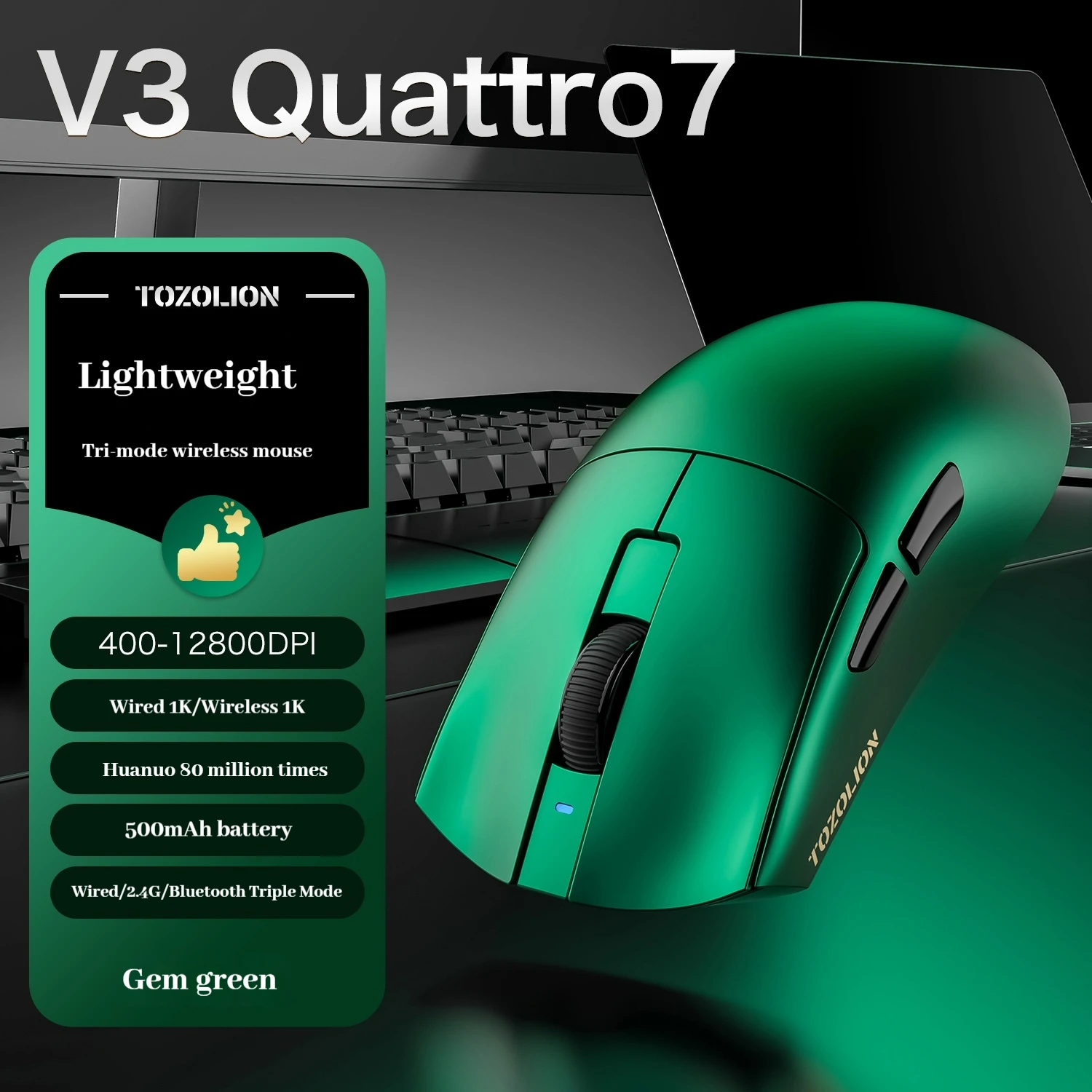 Tozolion Quattro7 ماوس الألعاب اللاسلكي ثلاثي الوضع 12800 ديسيبل متوحد الخواص فايبر قالب مخصص بيئة العمل 51 جرام خفيفة الوزن مكتب الألعاب ماوس هدية