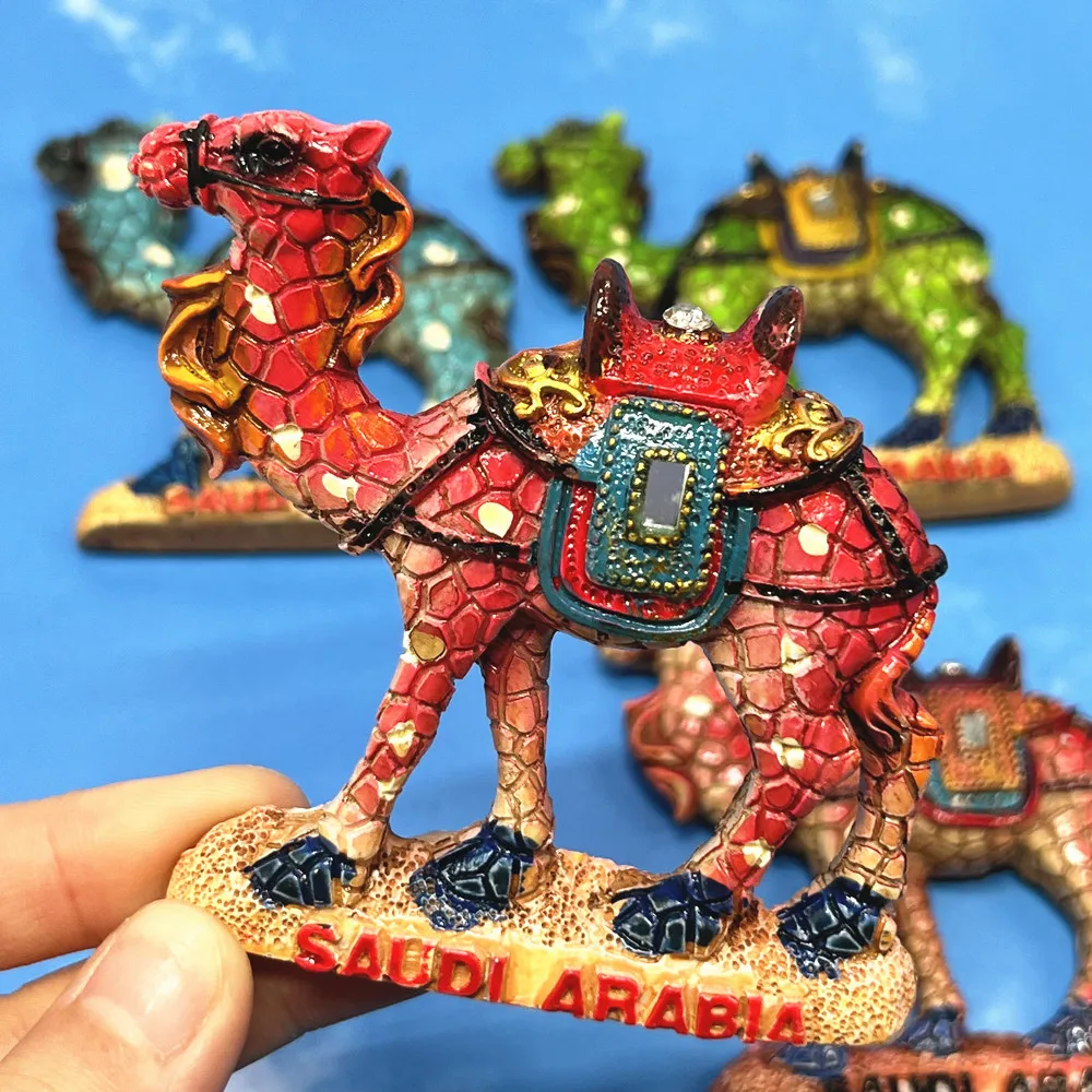 Saudi Arabia 3D Camel Fridge Magnet, Mosaic Painted & Traditional Saddle Style, Resin Arabian Souvenir, Gift & Collectible