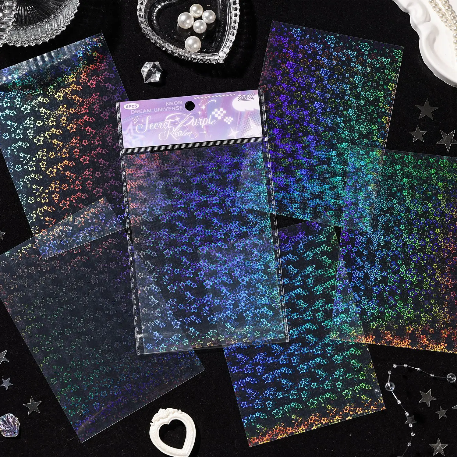 6 Sheets Iridescent Glitter PET Stickers Laser Holographic Overlay DIY Scrapbooking Decor Stationery