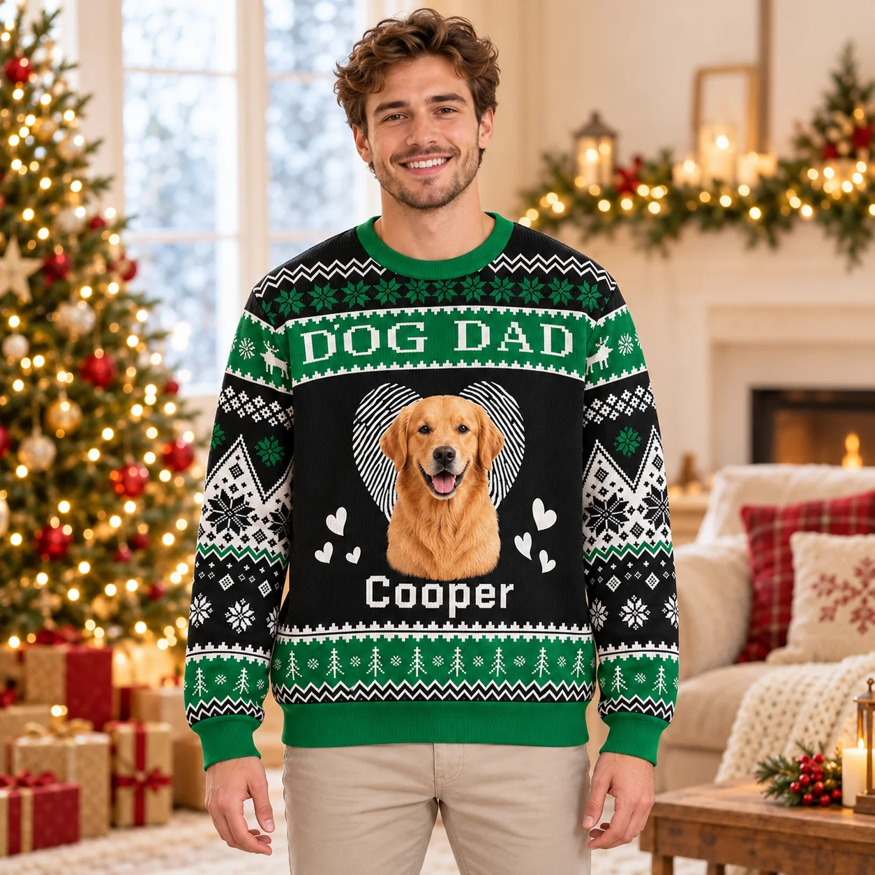 Pet Photo Prints and Personal Names for an Ugly Christmas Sweater Personalized Crewneck Sweaters for Winter Celebrations