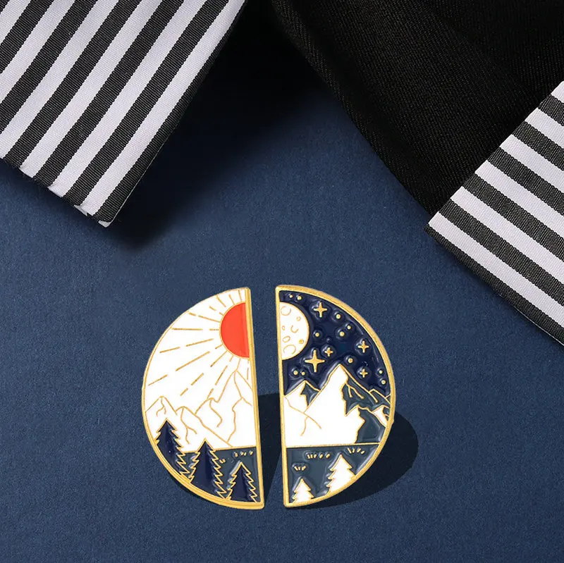 Sun and Moon Landscape Enamel Pins Couples Day and Night Brooch Lapel Badge Outdoors Camping Jewelry Gift for Kids Friends