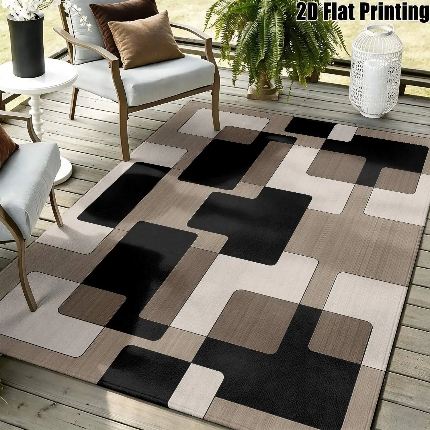 1Pc 2D Printed Black, Brown & White Geometric Square Carpet: Modern Minimalist Nordic Style, Washable, Multi-Size, Ideal for Home Decor & Various Mats