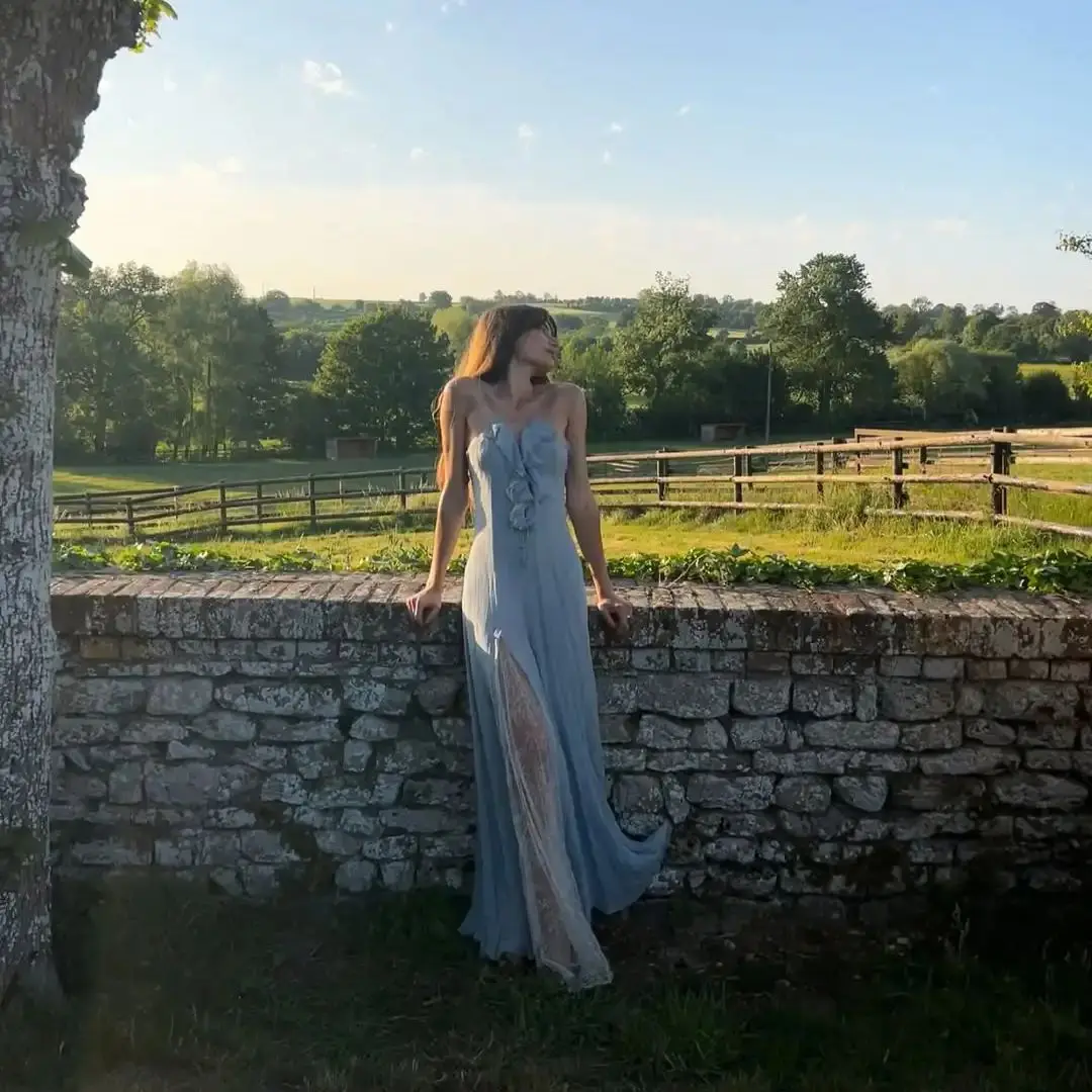 Vestidos de Noche bohemios con tirantes finos, color azul claro, con volantes y abertura lateral de encaje, estilo Vintage elegante para mujer, vestido de graduación personalizado