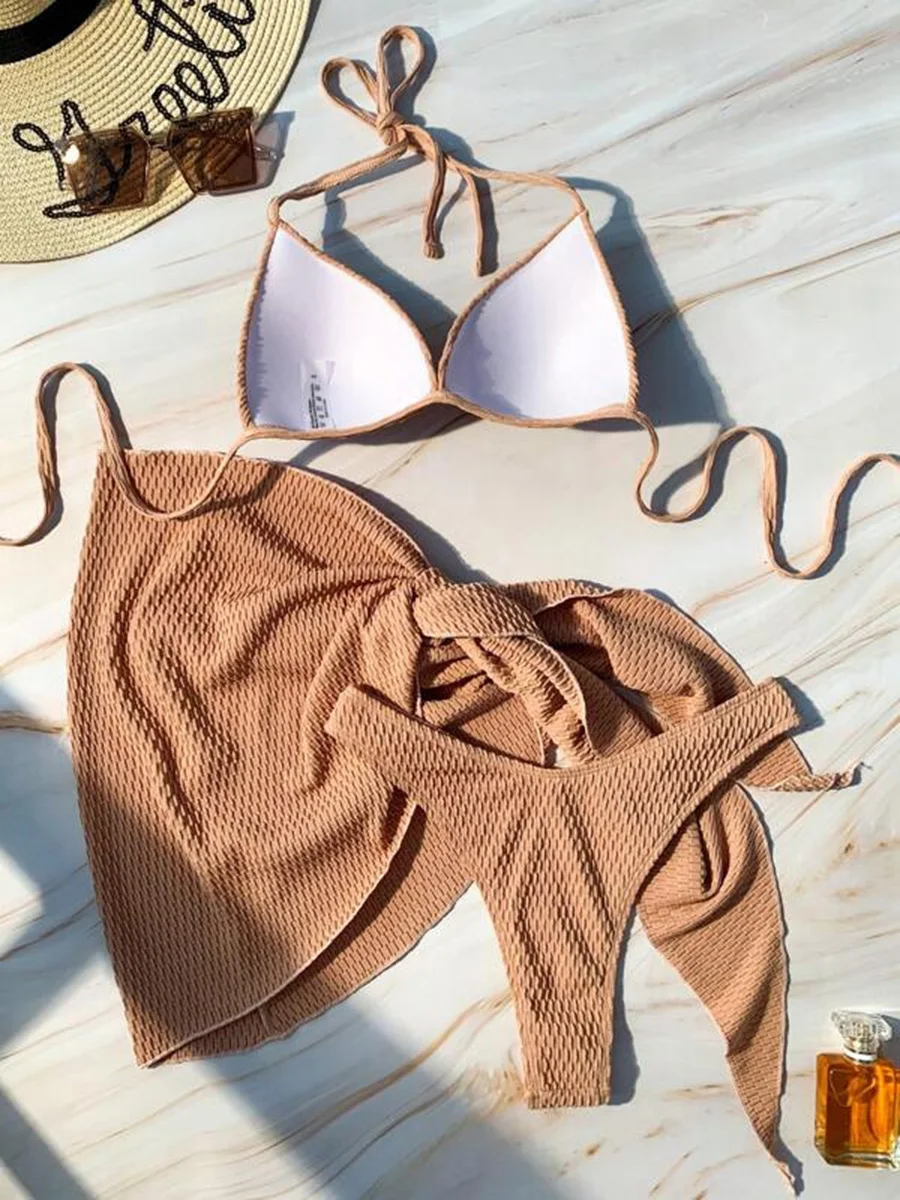 With Beach Sarong Bra Cup Wrinkled Bikini Female Swimsuit Women Swimwear Three-pieces Bikini Set Push Up Bathing Suit Swim Lady