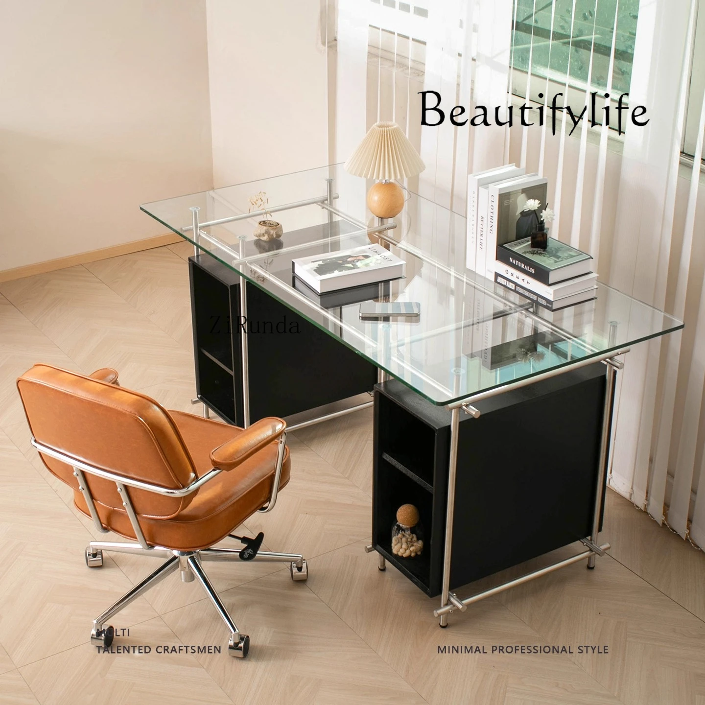 مكتب إيطالي بسيط من الزجاج المقسى مكتب من الفولاذ المقاوم للصدأ منضدة عمل طويلة