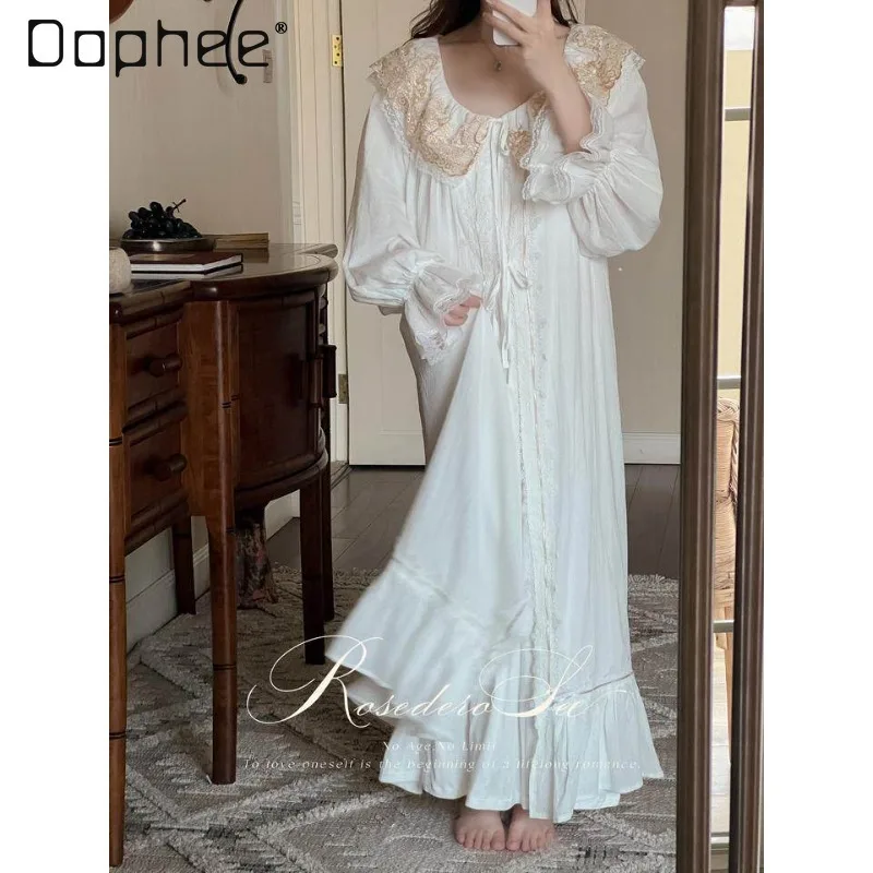 European Retro Princess Style Long-sleeved Nightdress Big Lapel Embroidered Lace Loose Sleepshirts Women's Loungewear Nightgown