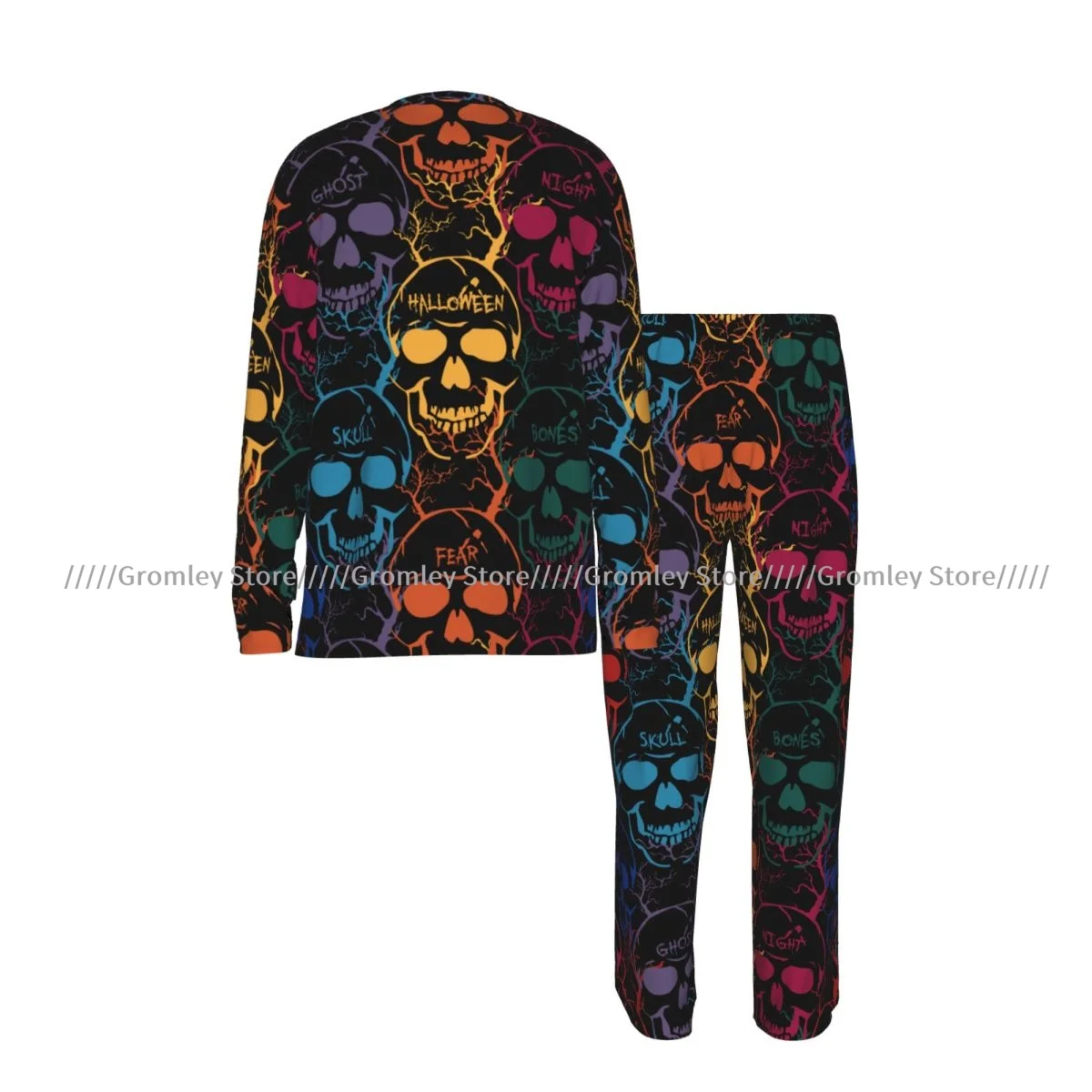 Male Pajama Set Long Sleeve Long Pants Sleep Suit Halloween Colorful Skulls Homewear Men Night Loungewear