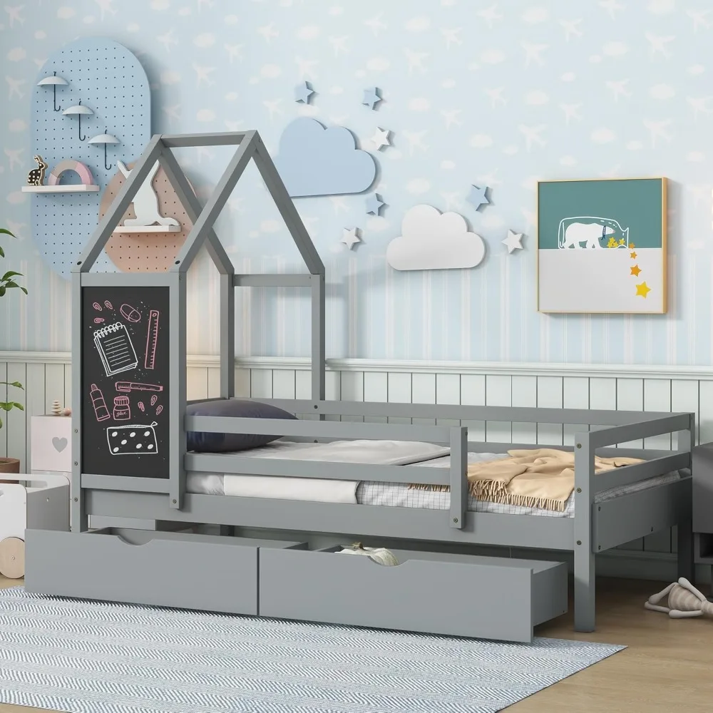 Twin Size Kids House Bed, Wooden Platform Bed Frame for Kids with Blackboard for Bedroom, Modern Montessori Twin Daybed Frame