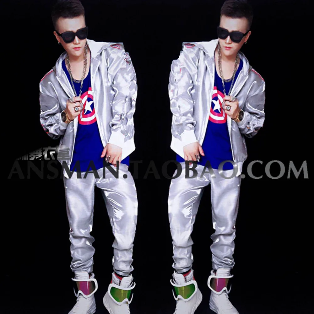 

New Nightclub Bar DJ Singer Fantasy Silver White Hip Hop Fashion Baseball Suit Set for Men's Leisure Performance Clothing