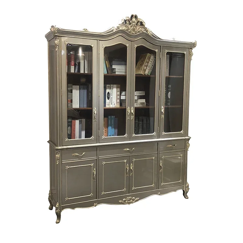 European bookcase solid wood carved storage desk bookcase furniture set study combination