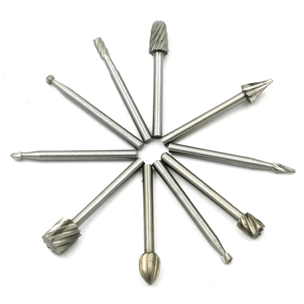 

10 pcs Rotary Burr Drill Bits 2.5~3Mm Woodworking Carving Burs 39Mm High Speed Steel Burrs Set For Metal Aluminum Stone Glass