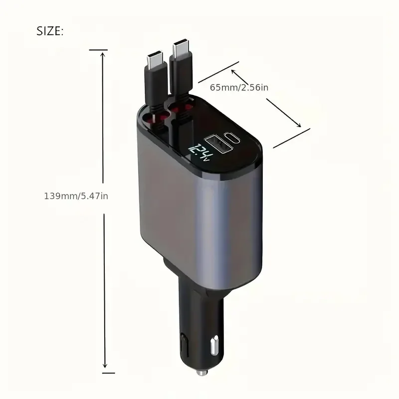 120W Retractable Car Charger, 4-in-1 Super Fast Charging Car Charger, Two-wire Retractable Conversion Plug Car Charger