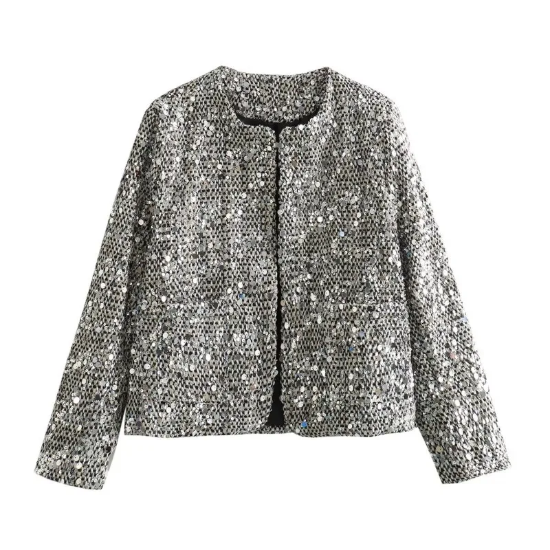 Chaqueta corta elegante con adornos de lentejuelas plateadas para mujer, cárdigan informal de manga larga con bolsillos, chaqueta de lentejuelas de Tweed a la moda para primavera