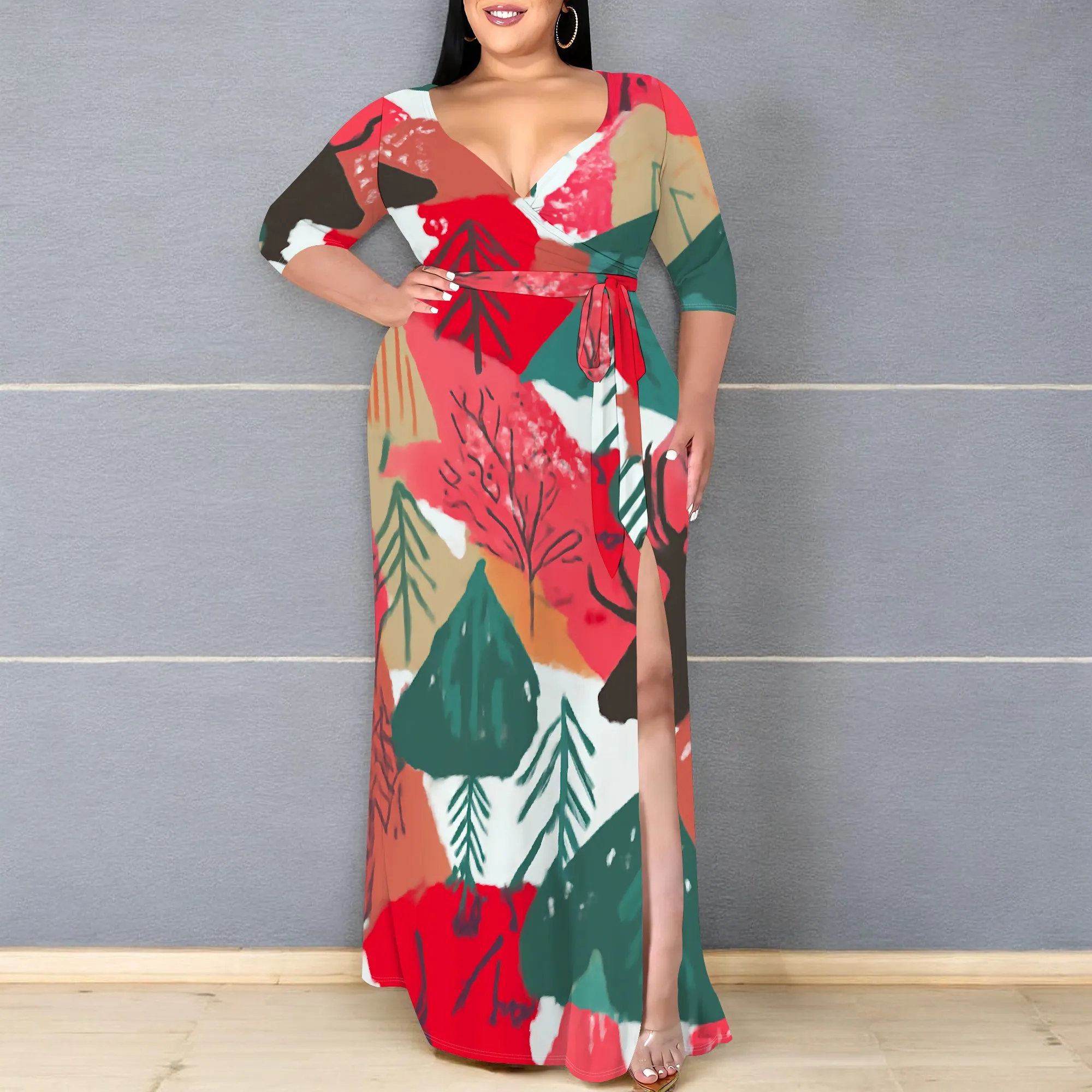 

Boho V-Neck Maxi Dress Plus Size Women, Abstract Tree Print, Tie Waist 3/4 Sleeve, Perfect for Spring & Holiday Parties (XL-6XL)