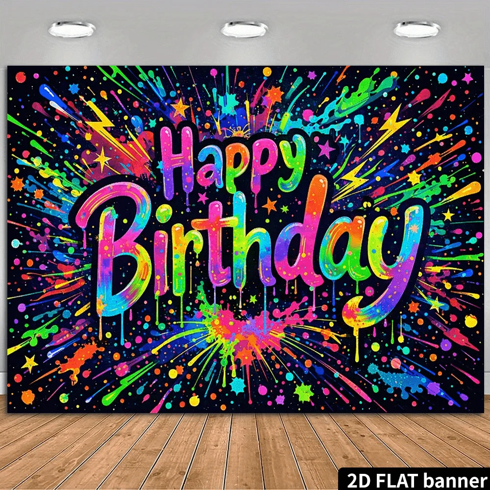 Vibrant Happy Birthday Tapestry Wall Hanging Colorful Neon Splatter Graffiti Art Polyester PosterDecor for Party RoomCelebration