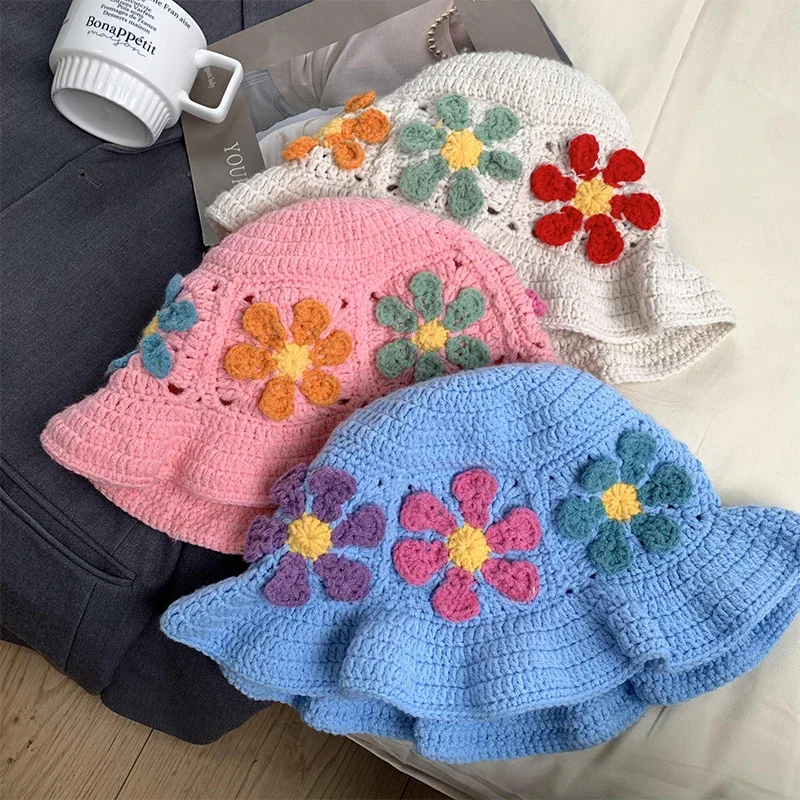 

Japanese Retro Hollow Flower Basin Caps for Women Show Face Small Spring and Autumn Sweet Versatile Handknitted Bucket Hat