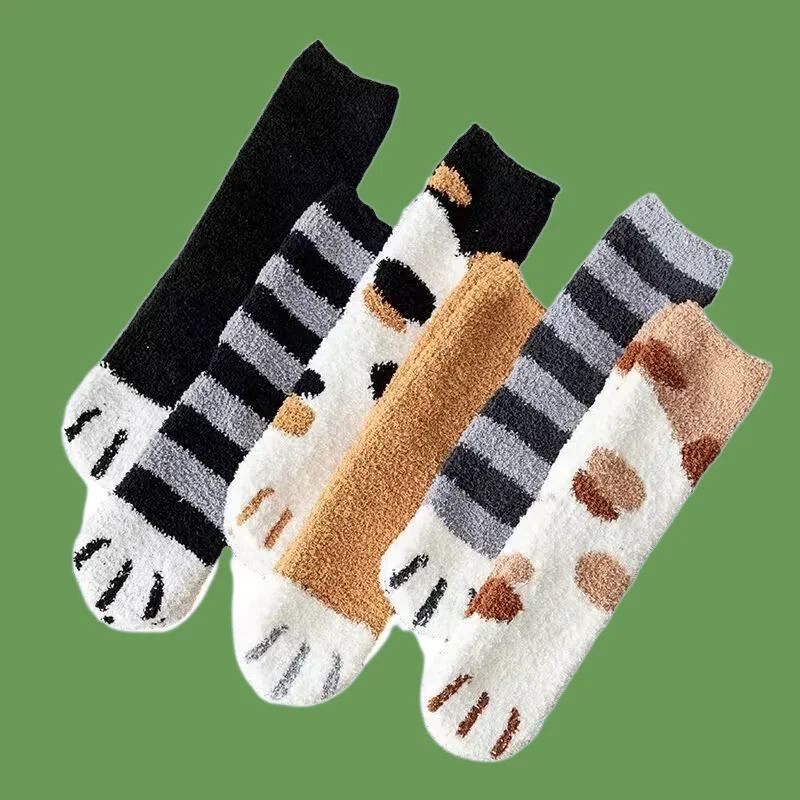 

5/10 Pairs New Women's Mid-Tube Autumn Cotton Socsks Casual Plush Home Sleeping Towel Floor Cat's Paw Women's Coral Fleece Sock