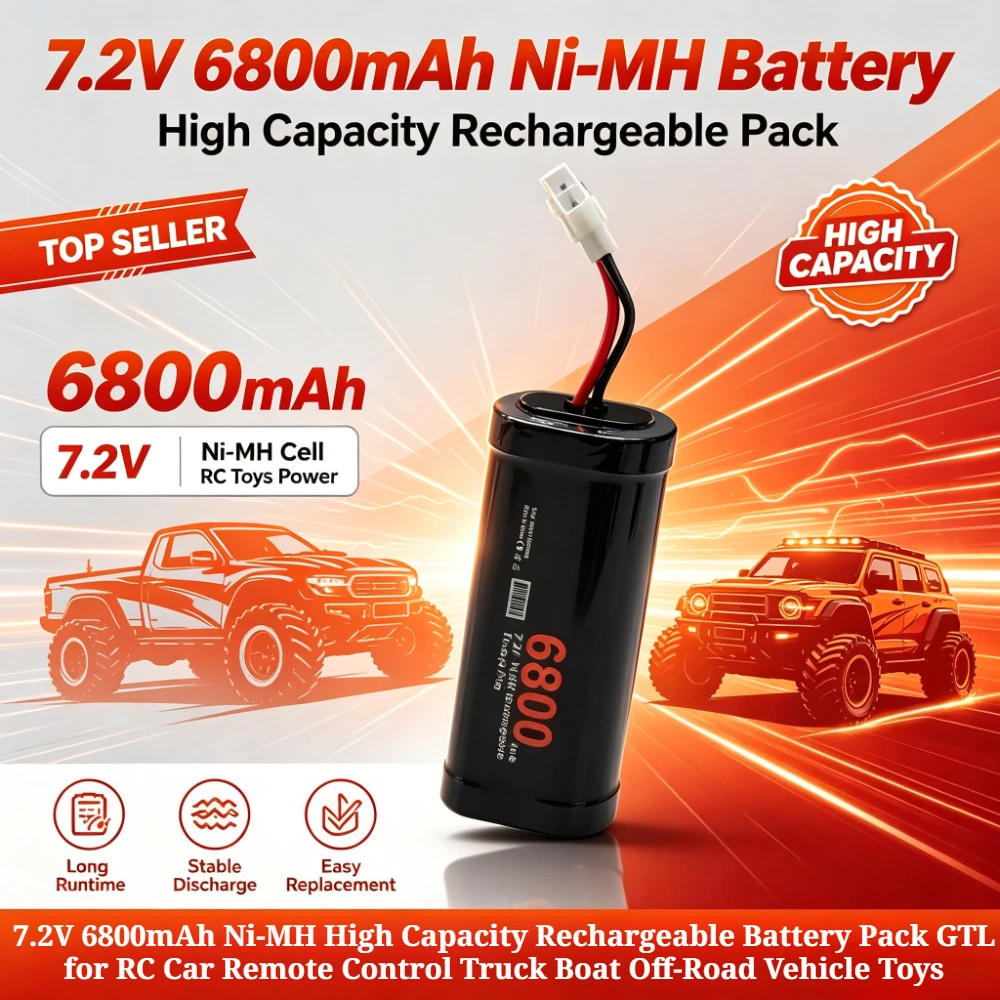 1-2pcs 7.2V 6800mAh Ni-MH High Capacity Rechargeable Battery Pack GTL for RC Car Remote Control Truck Boat Off-Road Vehicle Toys