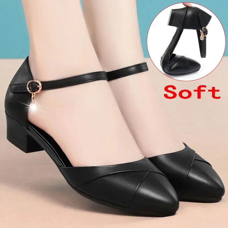 Soft Leather Thick Med Heels Pumps Mom\'s Shoes Summer New Buckle Strap Cover Head Sandal Soft Sole Hollow Office Career Shoe