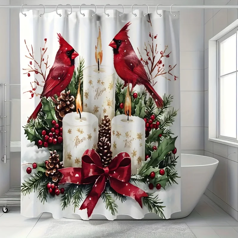 1pc Elegant Red Cardinal Bird Winter Forest Shower Curtain with Pine Cones, Candles & Berry Branches - White Background with Gol