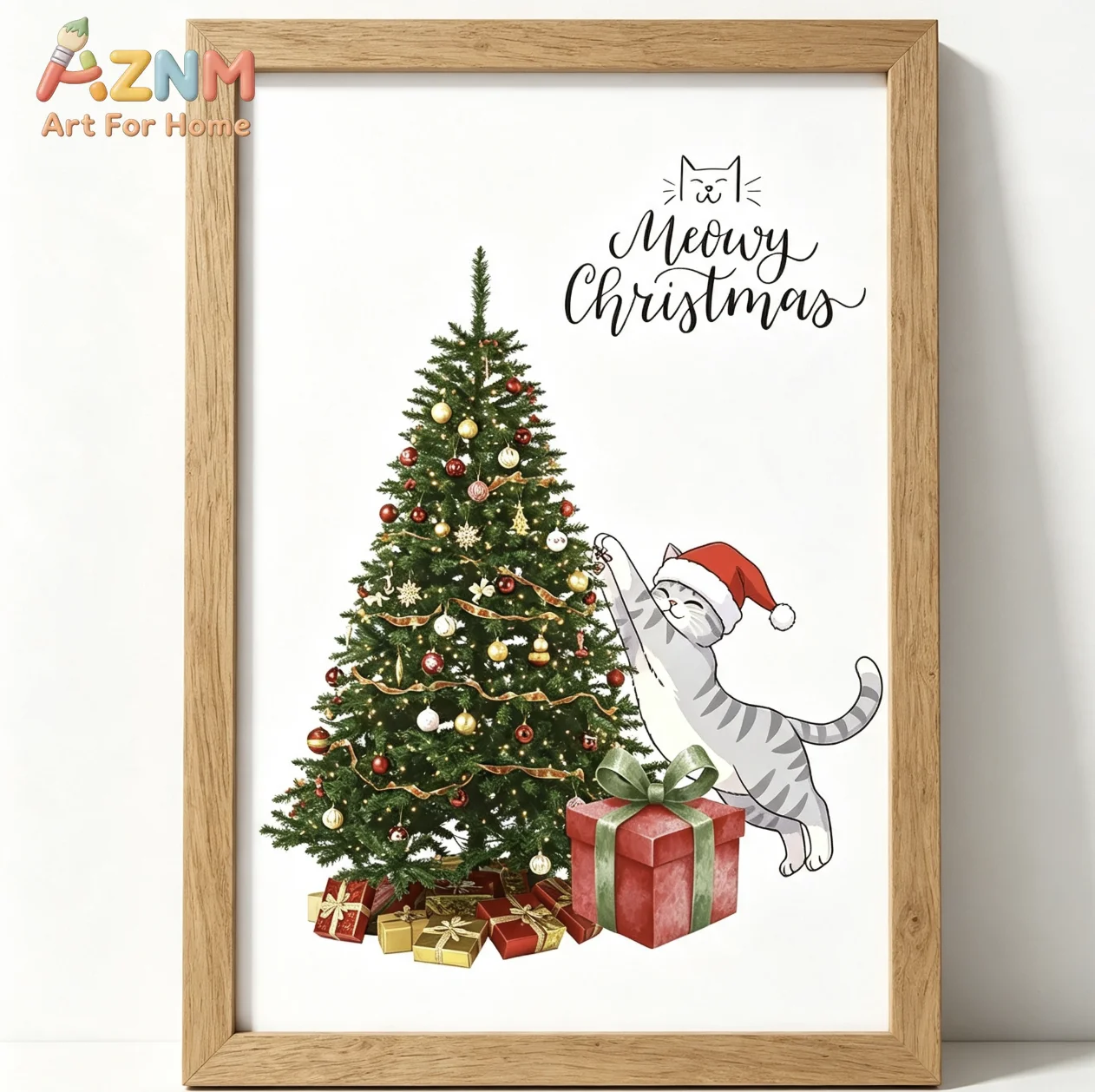Meowy Christmas Santa Hat Tabby Cat & Xmas Tree Wall Art Canvas Prints Posters, Cute Kitty Art, Holiday Living Room Home Decor