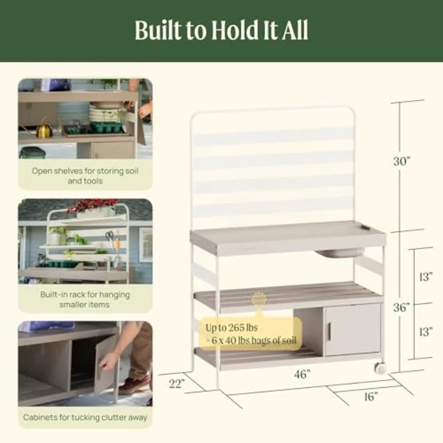 Metal with Cabinet, Outdoor Gardening Table Work Bench with Large Steel Tabletop and Wheels, Potting Workstation with Storage,