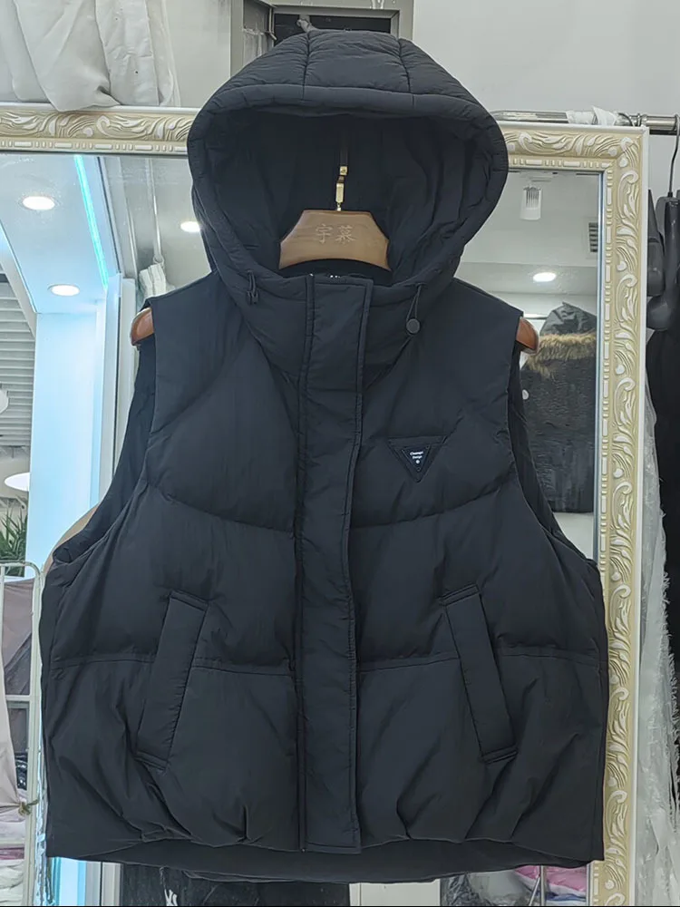 Women White Duck Down Sleeveless Jacket with Hood Casual Over Size Autumn Winter Warm Loose Thick Fashionable Vest New