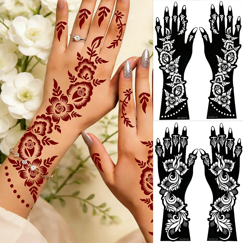 2 Stück Henna-Tattoo-Schablonen für Handblumen-Tattoos, wiederverwendbare Henna-Mehndi-Design-Vorlage für Frauen, Hochzeit, Festival, Körperbemalung