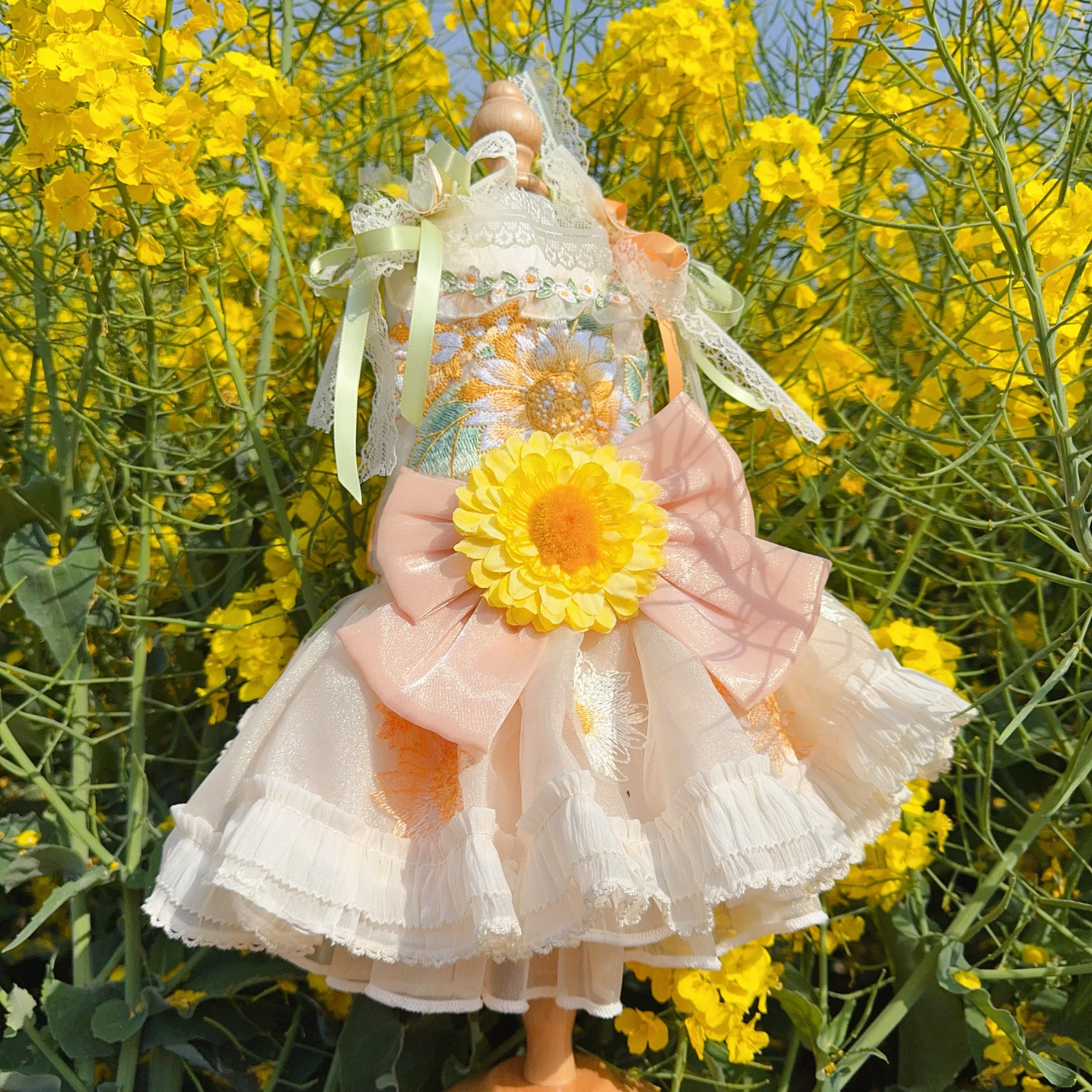 

Orange Yellow Pet Dog Clothes Summer Sunflower Embroidery Print Bow Sling Dresses For Small Medium Dog Chihuahua Puppy Skirts
