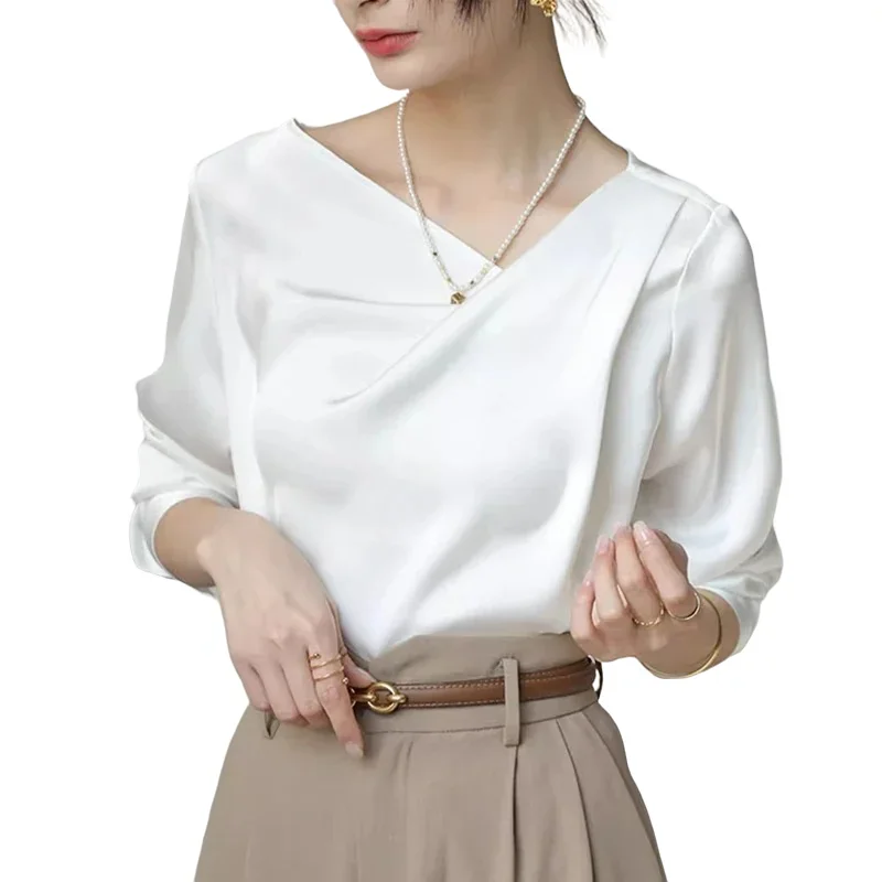 

Женские атласные рубашки с длинным рукавом, лето 2024, мягкий и удобный V-образный вырез, Южная Корея, повседневный тонкий белый пуловер, топы