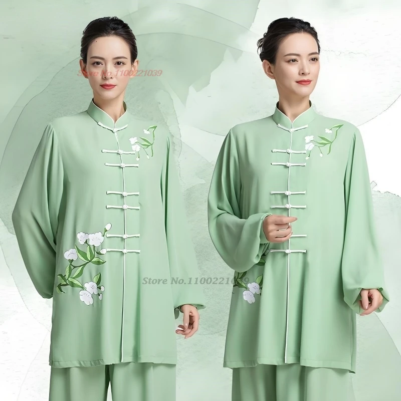 

2025 chinese tai chi wushu uniform morning exercise tops+pants set national flower print training practice stage performance set