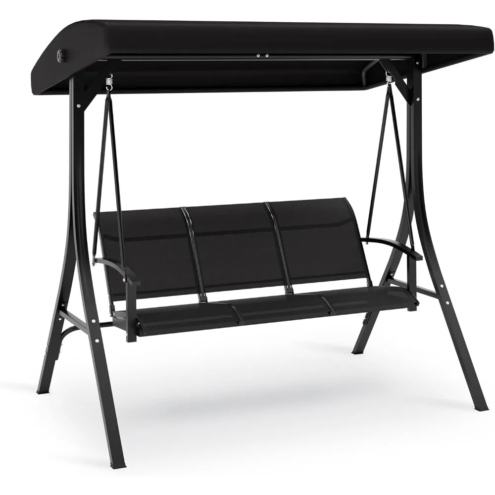 

3-Seat Patio Swing Chair with Adjustable Canopy and Durable Steel Frame, Outdoor Porch Swing for Patio, Garden, Poolside (Black)
