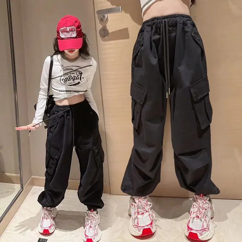 

2024 Korean New Kids Girls Cotton Casual Cargo Pants Wide Leg Sport Pants with Belt Children Trousers School Jogger Dailywear