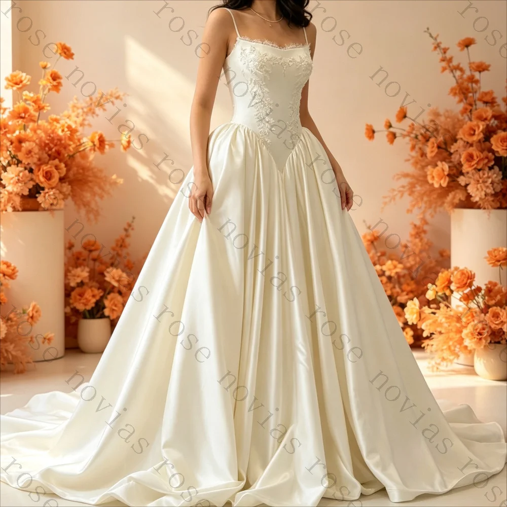 Customized Spaghetti Strap Satin Ballgown Wedding Dresses Floral Lace Corset Bodice Simple Elegant Voluminous Bridal Gowns