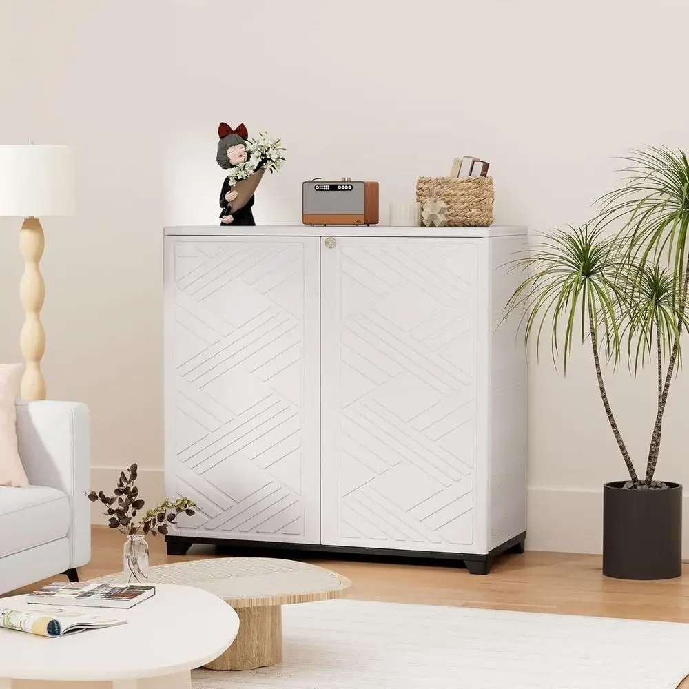 Versatile HDPE Plastic Storage Cabinet, 34x15x34, White, Ideal for Patio, Garden, and Home Organization