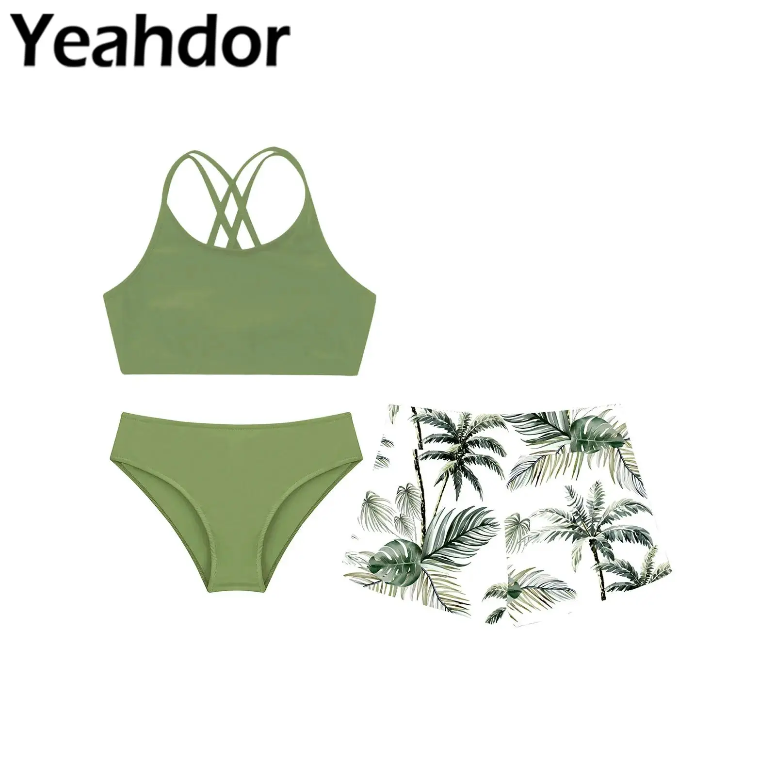 

Kids Girls 3PCS Bikini Swimsuits Swimwear Beachwear Summer Holiday Outfits Sleeveless Crop Top with Printed Shorts and Briefs