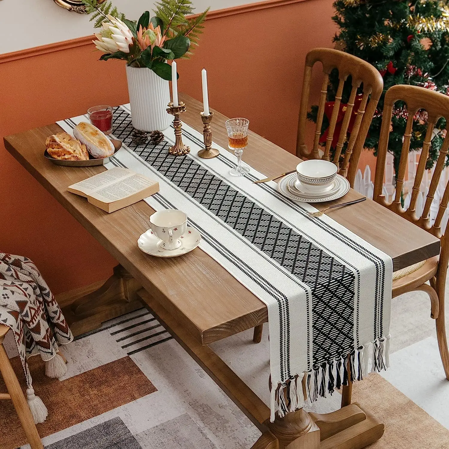 Farmhouse Style Braided Woven Table Runner, Bridal Textured Table Runner with Tassels, Rustic Modern Boho Chic Decor