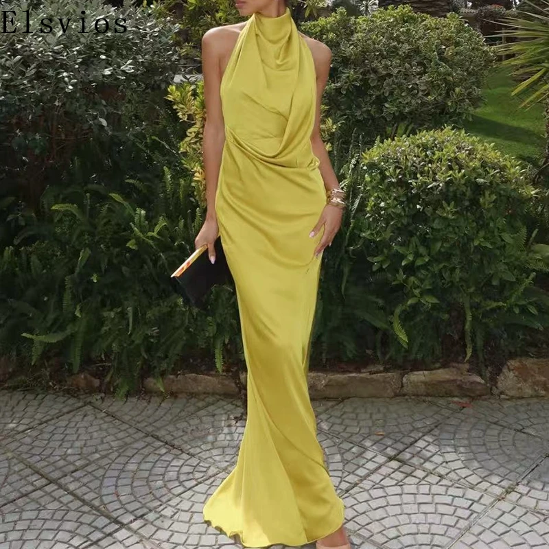 2025 sexy halter oco para fora vestido de cetim elegante sem costas fino ajuste vestido de noite moda feminina altura cintura sem mangas vestido longo
