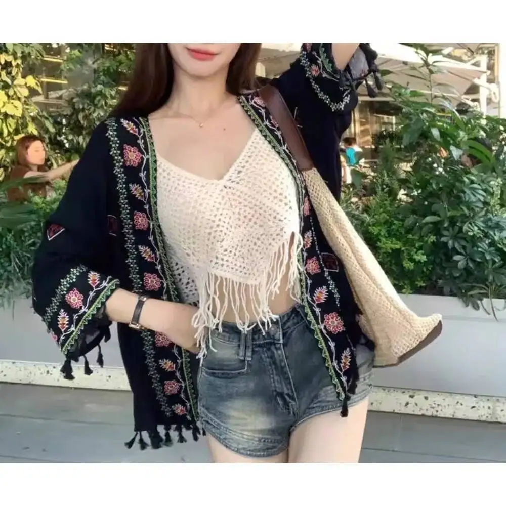 Sexy Boho Tassel Embroidery Sheer Loose Beach Cover Up Casual Cover-ups Vacation Beach Dress Beach Wear Beachwear Female Women