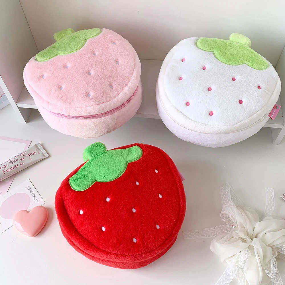 Strawberry Plush Makeup Bag Cute Large Capacity Travel Cosmetic Case Toiletry Pouch with Handle Girls Brush Storage Organizer