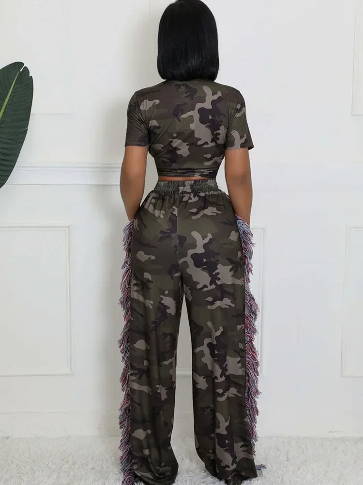 طقم ملابس من قطعتين مطبوع مموه للنساء ، توب قصير برباط ، شرابة جانبية ، بنطلون بساق واسعة ، أطقم متطابقة ، ملابس الشارع Y2K ، #5