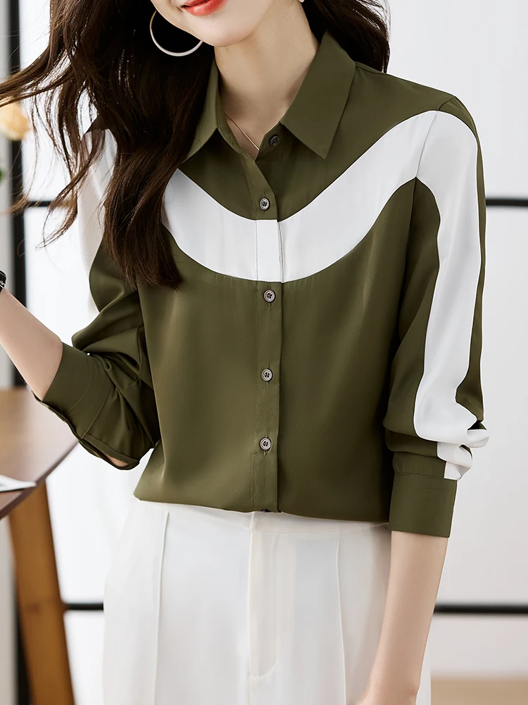 QOERLIN Fashion Contrast Color Lapel Chiffon Shirts Women 2024 Spring Autumn New Long Sleeve Tops Blouse Single-Breasted Shirts