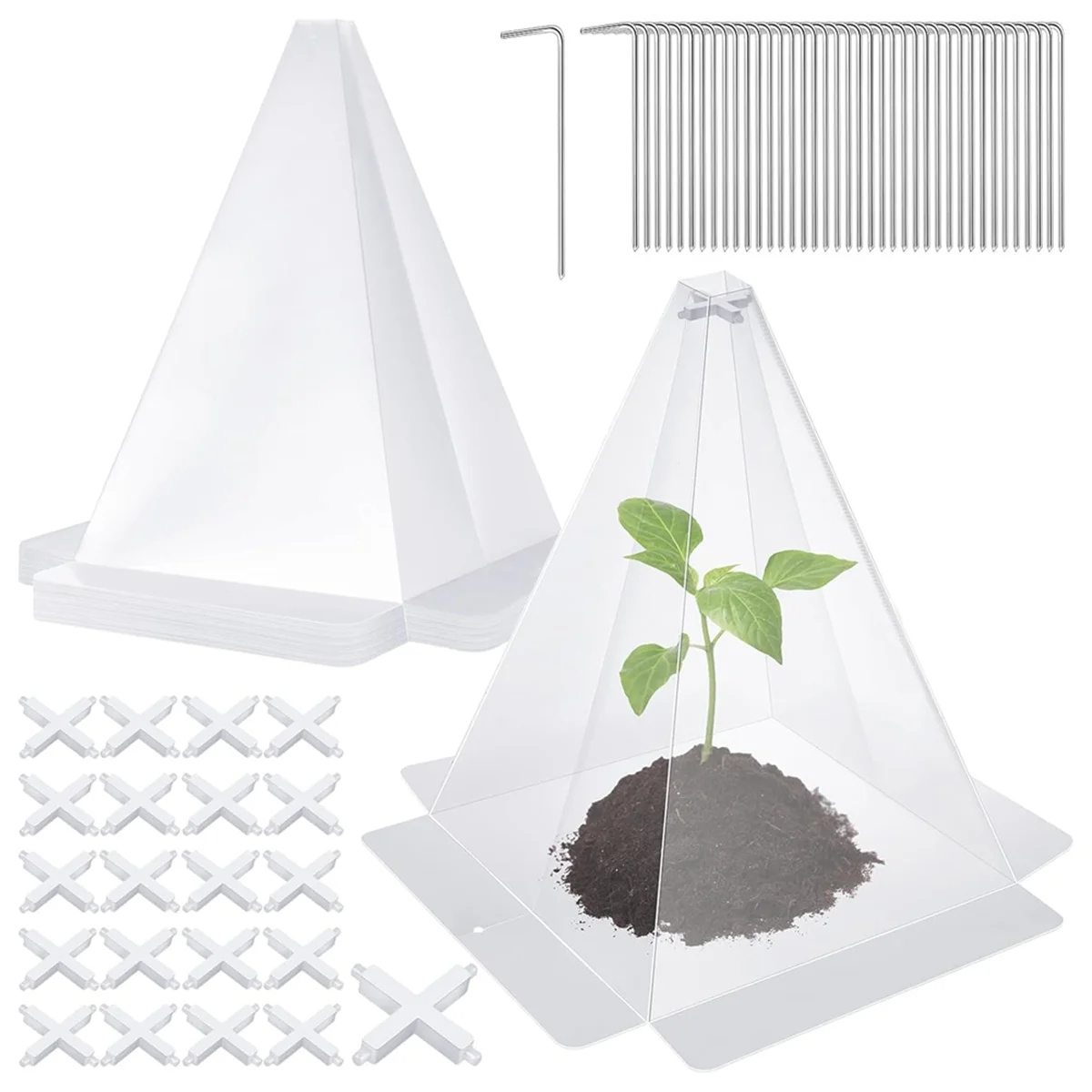 AT59 Garden Cloches for Plants,20Pcs Plastic Small Plant Seedling Protector,Reusable Clear Bell Covers with 40pc Metal Stakes