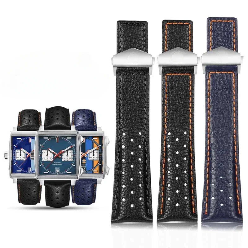 For TAG Heuer Monaco Leather Strap Soft Comfortable Waterproof Male Gulf Oil Joint F1 Series Folding Buckle Leather