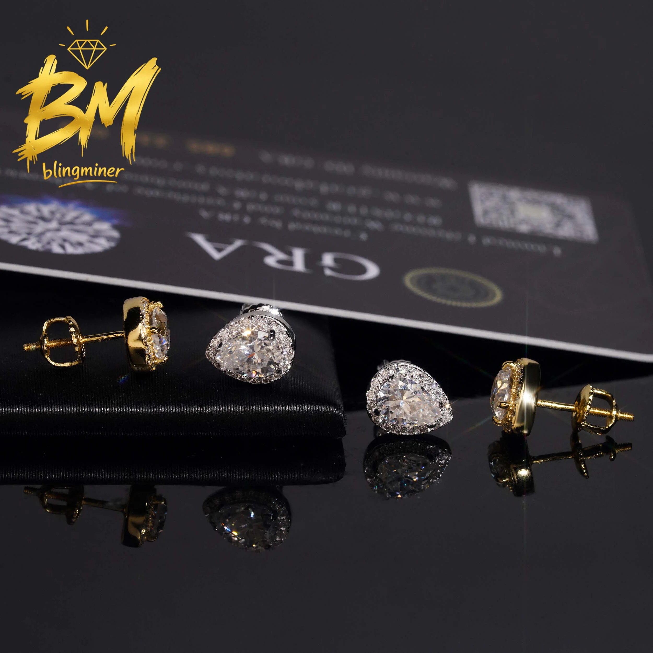 Blingminer Bling Pear Cut Halo S925 Silver VVS Moissanite Earrings For Men Women Ear Studs Jewelry Pass Diamonds Tester GRA