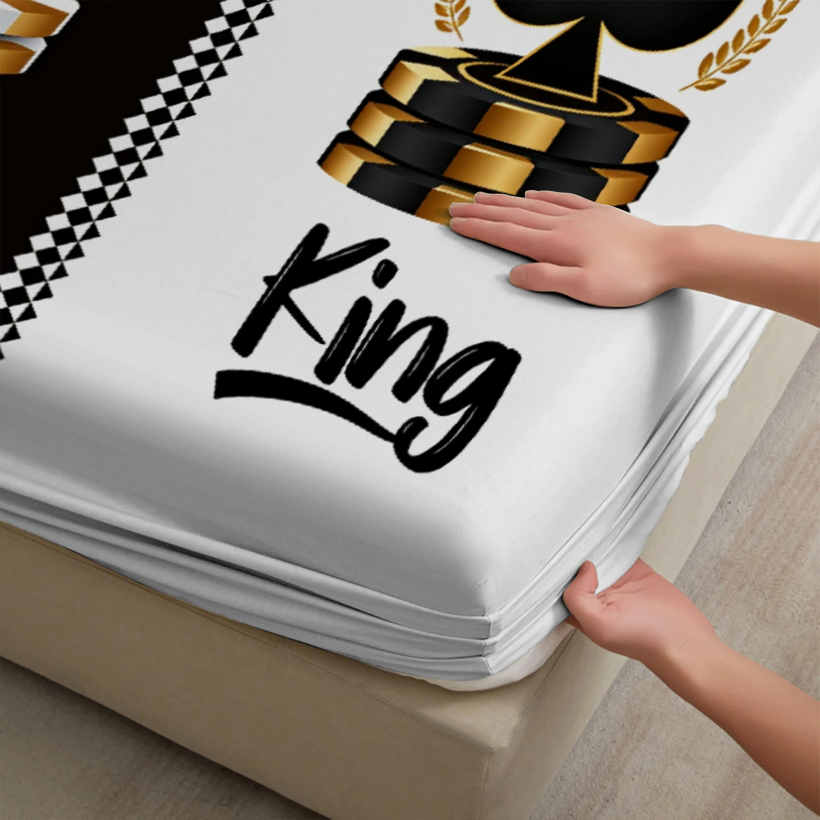 King Queen Chess Piece Fitted Sheet Set Black White Split Design Bedding Crown Heart Print Soft Polyester For Couples Bedroom
